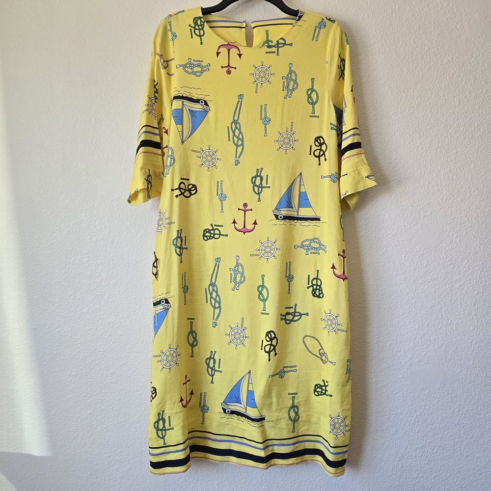 Women Nautical Anchor Chain Print Sheath Dress Yellow Pocketsโ Sz Small Vacation